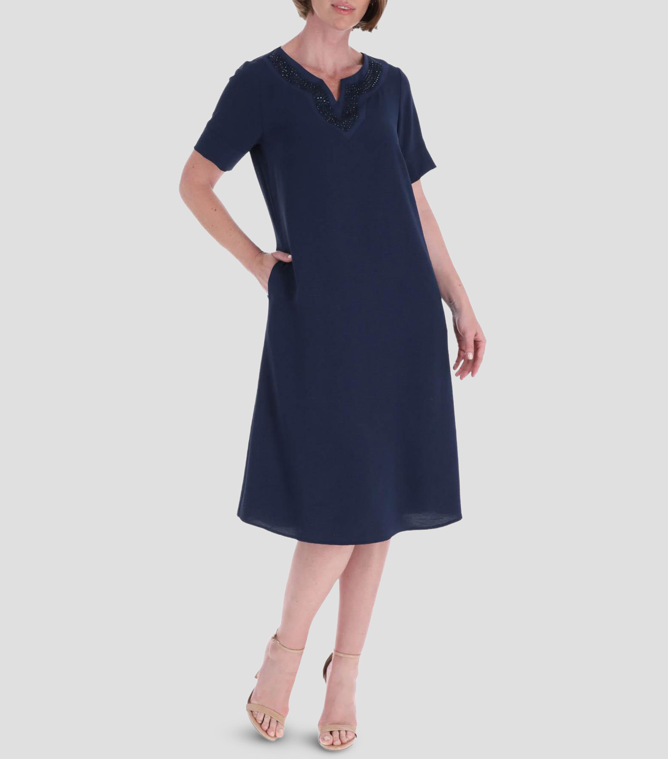 Vestido midi liso manga corta Mujer
